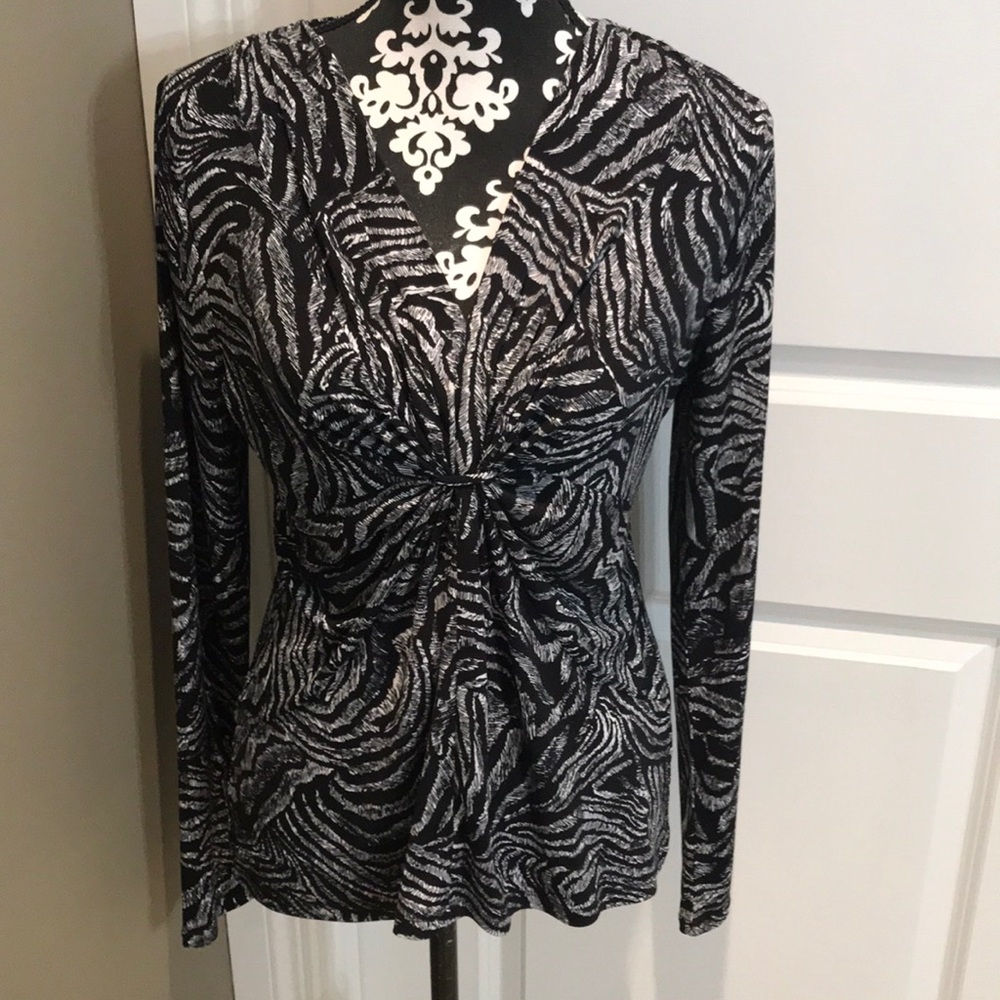 Fun black and white zebra print top with gathers under front V